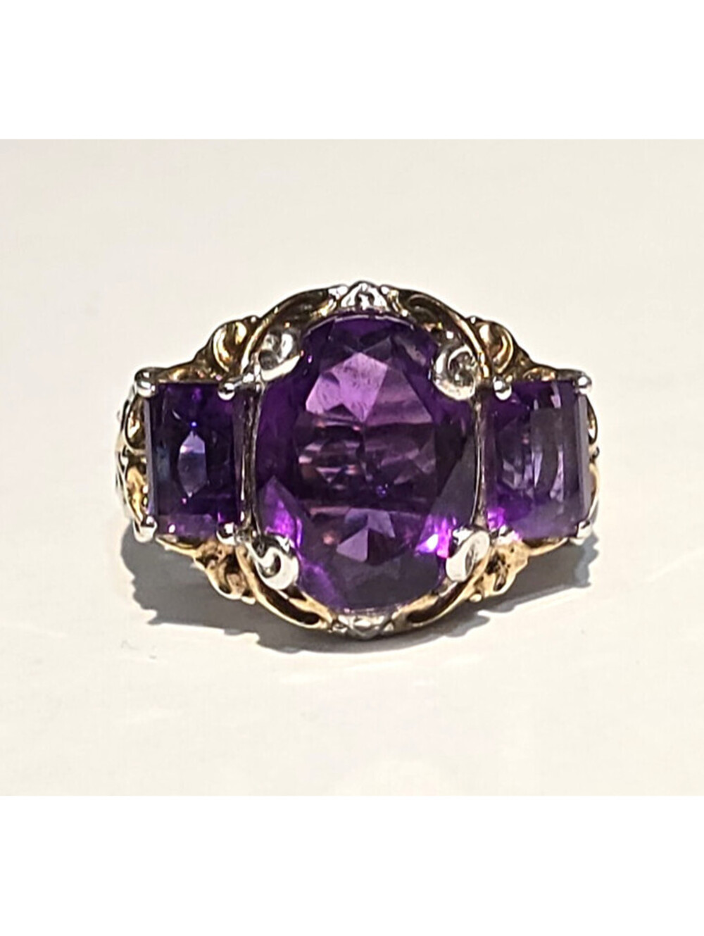 Sterling Silver Amethyst 3 Stone Cocktail Ring Ornate 2-tone Size 8.5